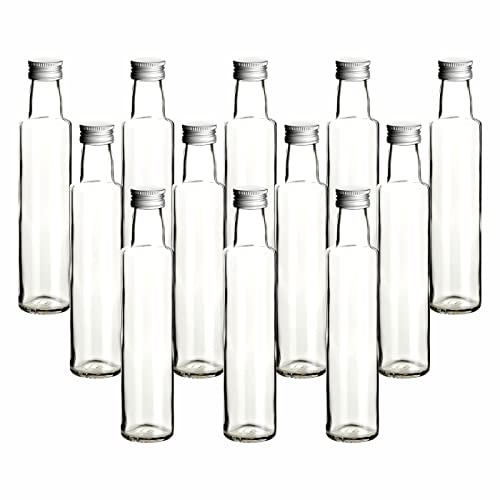 gouveo 12er Set Glasflaschen 250 ml Dorica transparent mit Schraubverschluss silberfarben - Kleine Flasche 0,25 l zum Befüllen - Glasflasche für Likör, Schnaps, Öl, Essig