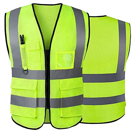 Hi Vis västar för kvinnor män reflekterande säkerhetsväst med fickor dragkedja fram uppfyller ANSI/ISEA-standarder, Grönt nät, L