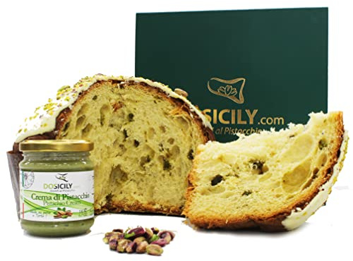 DOSICILY - Panettone 1kg al pistacchio di Sicilia + Crema al pistacchio da 190 gr- Dolce con lievitazione naturale - Eccellenza pistacchio Gourmet