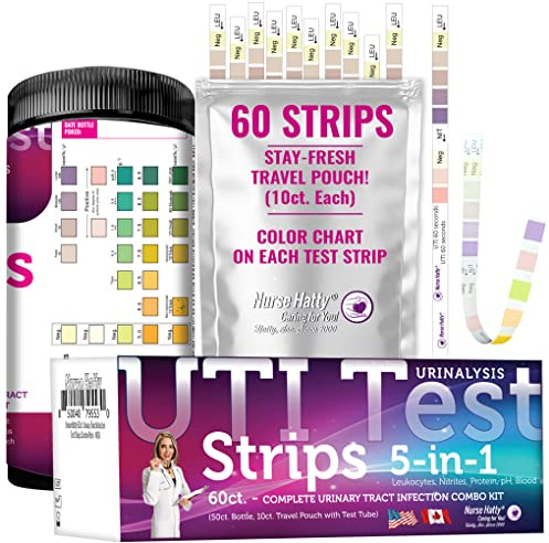 Nurse Hatty - 5in1 60ct. UTI Test Strips KIT - Urinary Tract Infection Test Strips - Easy to Read Color Chart on Strip - Urinalysis Test to Analyze Leukocytes, Nitrite, pH, Protein, and Blood