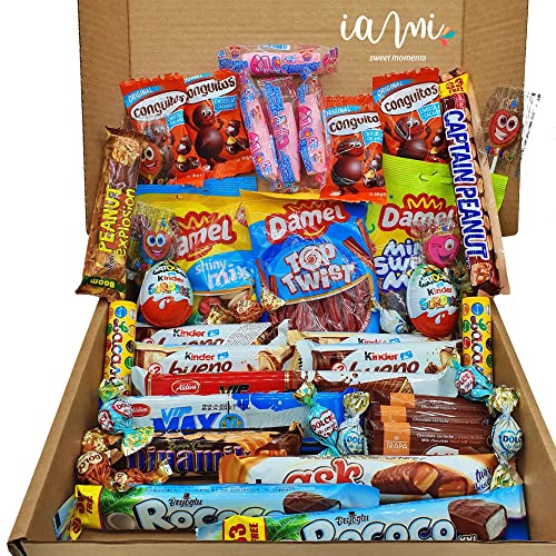IAMI Caja Regalo 40 Chocolatinas Bombones y Chuches | Montada a Mano | Huevos de chocolate con sorpresa | Piruletas, nubes y gominolas | Primeras marcas | Cumpleaños y Navidad