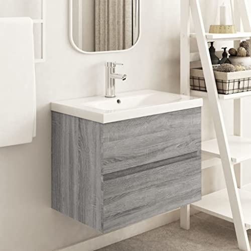 WIFESE Armario de lavabo Sonoma gris 60 x 38,5 x 45 cm, material de madera, mueble de baño con 1 cajón para cuarto de baño, líneas claras y diseño delgado