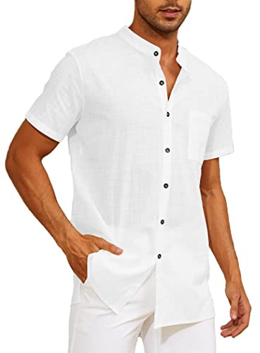 CheChury Camisa de Lino para Hombre Manga Corta Informal de Verano, Suelta de Color Sólido con Botones, Top con Bolsillo Estilo Casual Hawaiano