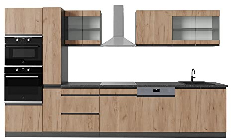 Vicco Küchenzeile R-Line, Goldkraft Eiche/Anthrazit, 350 cm | 9 Module · Höhenverstellbare Füße · Ohne Arbeitsplatte · Robuste Fronten · Mit Backofen-/Mikrowellenschrank