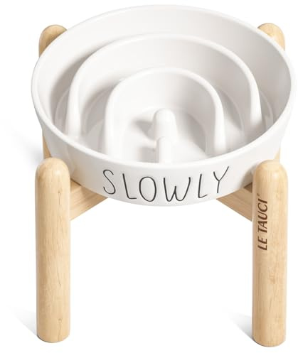 Slow Feeder Dog Bowls - 3-Cup Raised Ceramic & Wood Stand for Medium-Large Breed, White