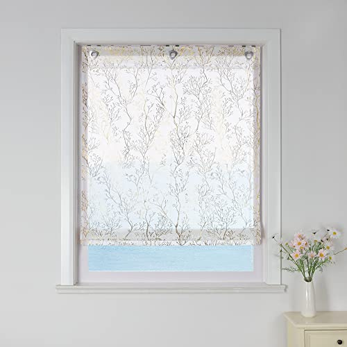 ESLIR Raffrollo ohne Bohren Raffgardine mit Ösen Transparent Gardinen mit U-Haken Ösenrollo Leinen Raffrollo im Landhausstil Gold BxH 100x140cm 1 Stück