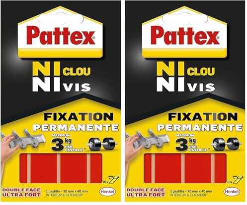 Pattex Ni Clou Ni Vis Pastilles Fixation Permanente, Pastilles double faces ultra fortes pour intérieur & extérieur, pastilles autocollantes ultra résistantes, 10 pastilles (Lot de 2)
