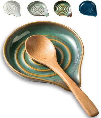 LAUCHUH Spoon Rest for Kitchen Counter,5 Spoon Holder for Kitchen Counter Stove Top Ceramic Spatula Holder for Mother's Day, Ladle, Spatula, Spoons or Tongs, Unique Green