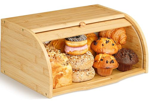 Golden Nature Bamboo Bread Box for Kitchen Countertop - Large Wooden Food Keeper w/Rolling Lid - Vintage Storage Bin for Bagels, Muffins, Cupcakes & Cookies