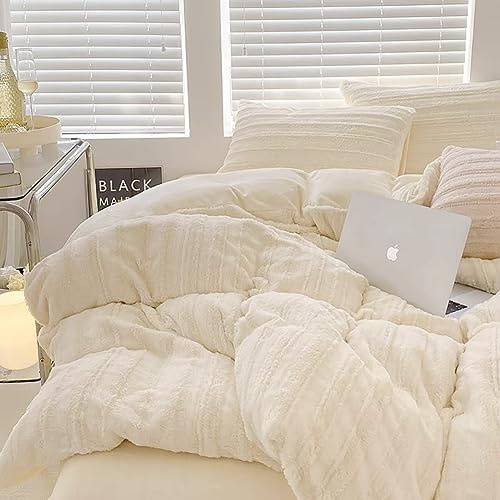 AShanlan Plüsch Bettwäsche 200x220 Winter Warme Flauschig Cashmere Touch Bettbezug Teddy Fleece Winterbettwäsche Set mit Reißverschluss und 2 x Kissenbezug 80x80 cm Creme Weiß