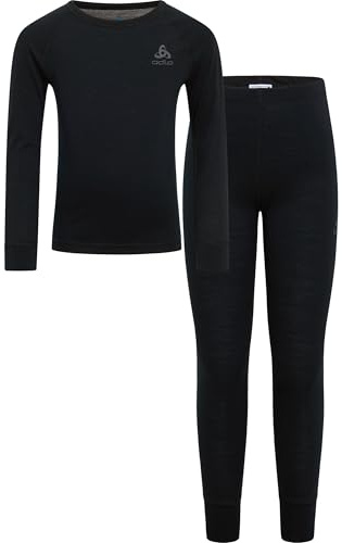 Odlo Thermounterwäsche Kinder Merino 200 I Winterleggings und Langarm Thermoshirt Mädchen Jungen I Warmes Skiunterwäsche Set |Größe 152 | Schwarz