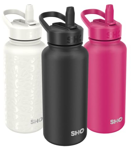 SHO Guzzler Insulated Stainless Steel Water Bottle (Onyx, 950ml) | Fast Flow Straw Lid, Leakproof, 24H Cold, Dishwasher Safe, Carry Handle, BPA-Free, No Condensation