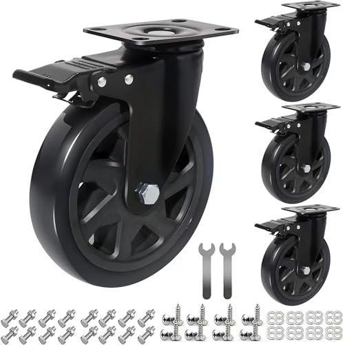 RRIUTO Heavy Duty 150MM Caster Wheels with Brake, 4 Furniture Caster Load Capacity 900kg，Double Bearing Swivel Castors Wheels for Furniture, Rubber Swivel Trolley Castor 360° Rotation