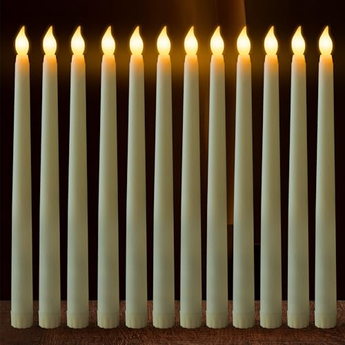 FAEFTY Lot de 12 Bougie Led Flamme Vacillante, Bougies Coniques Sans Flamme, Bougie Électriques, Bougies à Piles pour Noël, Thanksgiving, Dîner aux chandelles, Mariage（Ivoire, 2.1 x 28 cm）