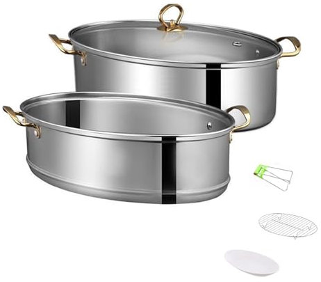 AIZYR Ovale Fish Steam Pot 304 Acciaio Inossidabile Pentola Multiuso per Zuppe, 2 Tier Steam Pot per Frutti di Mare con Coperchio per Pesce al Vapore, Zuppa Bollente