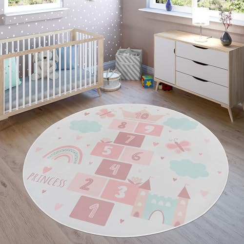 Paco Home Teppich Kinderzimmer Kinderteppich rutschfest Spielteppich Krabbelmatte Modern Herz Waschbar Creme, Grösse:160 cm Rund
