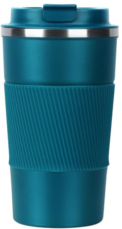 Voarge Taza térmica, taza de café con tapa a prueba de fugas, taza de viaje de acero inoxidable, 380 ml, a prueba de fugas, taza de viaje con tapa, taza de coche, para café y té (azul)