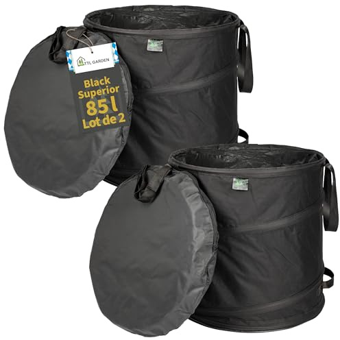 TTL GARDEN 2x85L Pop Up Gartensack BLACK SUPERIOR - DOPPELTER BODEN 260gsm | 2er Set 85 Liter Gartenabfallsack Laubsack faltbar Grünschnitt, Garten Abfall, selbstaufstellend extra stabil 600D Oxford