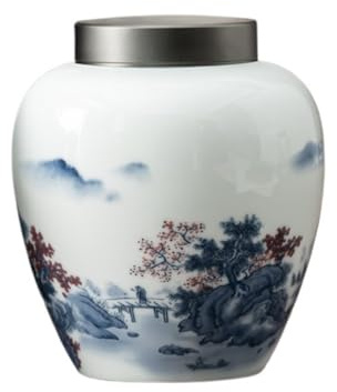 Grain Dispenser with Ceramic,Rice Container, Ceramic Ginger JarTea Jars Ceramic Tea Storage Can Chinese Landscape Loose Tea Can Double-layer Tin Lid Sealed Can Tea Kitchen Food Storage Can Tea Storag