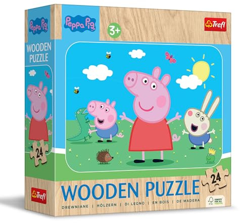 Trefl - Holzpuzzle 24 Teile, Lerne die Bezaubernde Peppa kennen, 3+ | Holzpuzzle, abgerundete Kanten, dekoratives Muster auf der Rückseite, Märchenfiguren, Dekoration, Gedächtnistraining