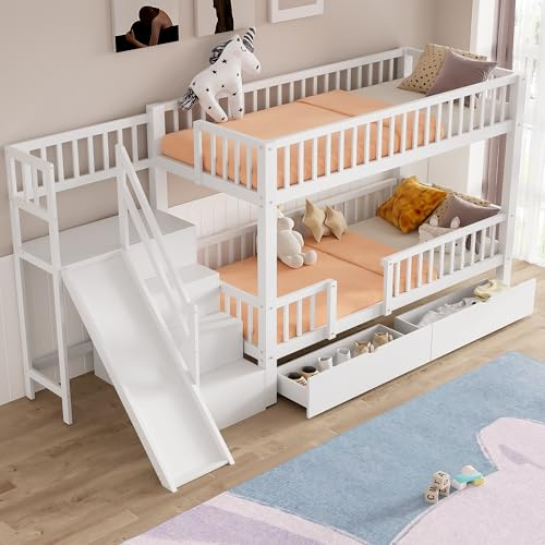 Kinderbett Etagenbett 90x200, Hochbett mit Treppe und Rutsche,Doppelbett mit Schubladen und Schließfach,Funktionsbett Spielbett Stockbett Jugendbett mit Rausfallschutz & Lattenrost,Ohne Matratze,Weiß