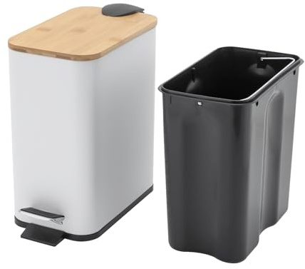 SanBouSi Poubelle de cuisine à pédale, 5 l, avec système d'abaissement automatique, élégante pour salle de bain, avec récipient intérieur et couvercle en bois de bambou, blanche