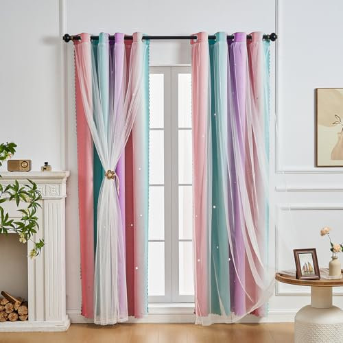 NETMEO Cortinas para Dormitorio de niñas de 2 Paneles, Cortinas Opacas de arcoíris, habitación de niños, Ventanas para habitación temática (Rosa Púrpura Verde, 2× L132 × A160 cm)