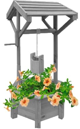FAHAAM Grey Wooden Wishing Well Planter for Garden and Patio Decor with Hanging Bucket - Outdoor Plant Display and Flower Ornament