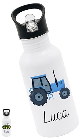 Bärenfreunde® - Personalisierte Trinkflasche Kinder Edelstahl [ 500ml ] - Robuste Trinkflasche mit Namen - Wasserflasche mit Trinkhalm - Personalisierte Geschenke für Kinder (Traktor blau)