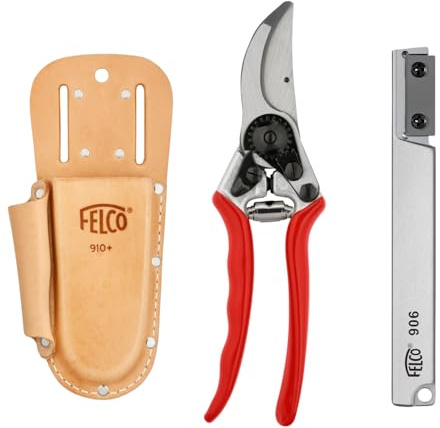 Set mit Gartenschere FELCO 11, praktischem Lederetui F 910+ und kompaktem Schleifgerät F 906, ideale Werkzeuge für präzises Schneiden
