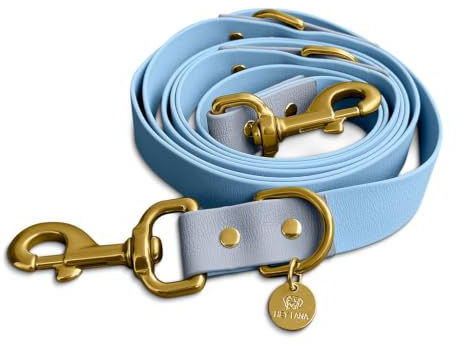 Hey Lana Hundeleine Führungsleine, Made in Germany, 2 Karabiner & 3-Fach verstellbar, Hund Führleine Leine, Zugleine Hundelaufleine Trainingsleine Handsfree (M-L, Taupe/blau, 230 x 2,5 cm)