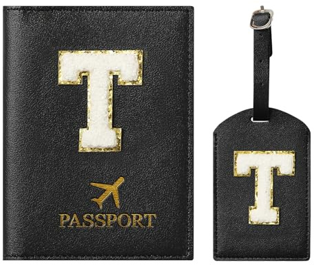 ZVRSUA Reisepasshülle und Gepäckanhänger-Set mit Buchstaben-Patch,Pass Hülle Personalisiert, Personalisiertes Reisegepäck-Zubehör, Geschenk, sehr süß für Frauen, Teenager, Mädchen (Schwarz T)