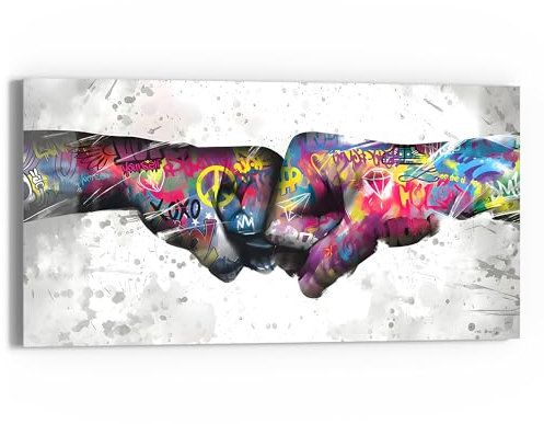 DEQOART Cuadro de cristal auténtico, diseño de graffiti de un apretón de manos, horizontal, 60 x 30 cm, bonita decoración, mural para salón, dormitorio, pasillo y cocina