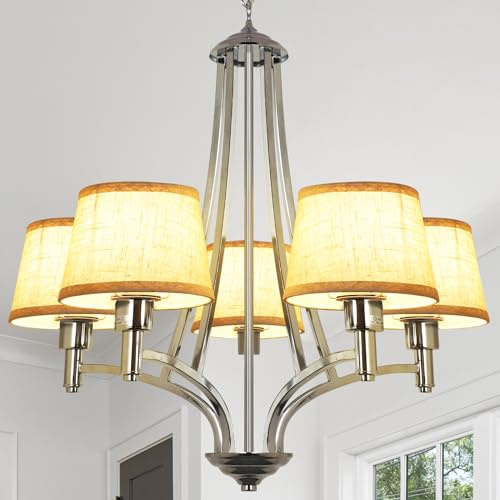 Depuley 5-flammiger Kronleuchter aus gebürstetem Nickel mit Lampenschirm, 26 Rustikaler Kronleuchter im Industrial-Farmhouse-Stil mit Stofflampenschirm, verstellbare Hängeleuchten für das Wohnzimmer