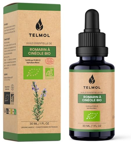TELMOL Huile Essentielle de Romarin à Cinéole BIO (30 ml) I Flacon en Verre Violet Biophotonique + Pipette I Certifiée AB I 100% Pure & Naturelle, Chémotypée HEBBD I