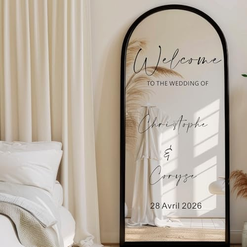 MINXLTD Autocollant De Panneau De Fenêtre Miroir avec Noms Personnalisables, Autocollants De Panneau De Bienvenue avec Nom Personnalisé, avec Panneau De Mariage Bienvenue(57x88cm)