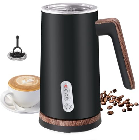 Electric Milk Frother and Steamer, 4-in-1 Milk Steamer with Wood Elements Design, Automatic Hot & Cold Foam Maker for Latte, Cappuccinos, Macchiato, Milk Warmer (Black)