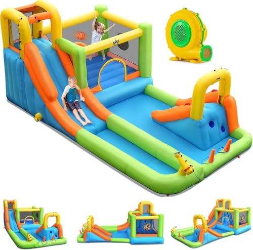 GOPLUS Castillo Hinchable, Tobogán con Zona de Salto, Cañón de Agua, Canasta de Baloncesto para 3 Niños de 3 a 10 Años hasta 135KG, 504 x 295 x 217 CM con Inflador de 680W