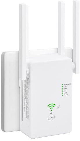 Ripetitore WiFi Potente Per Casa, 1200Mbps WiFi Extender Dual Band 5GHz & 2,4GHz con 4 Antenne, Porta Ethernet, WPS, Amplificatore Wifi Supporta Modalità Ripetitore/Router/AP (Bianco)