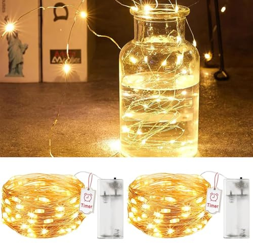 2 Stück LED Lichterkette mit Timer, 2M 20LEDs Lichterketten Batteriebetrieben, IP65 Wasserdicht, Innen/Außen Deko für Hochzeit, Schlafzimmer,Tisch, Party& Baumdekoration（Warmweiß ）