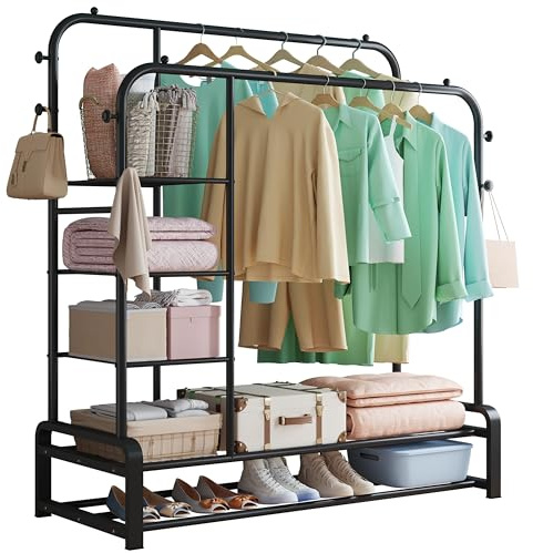 SMILOVII Multifunktionalen Kleiderständer stabil, Mit Doppelruten-Design, 8 Haken, 3 Lagen Seitenablagen und 2 Lagen Schuhregalen können, für Schlafzimmer Garderobenständer, Kleiderstange Schwarz