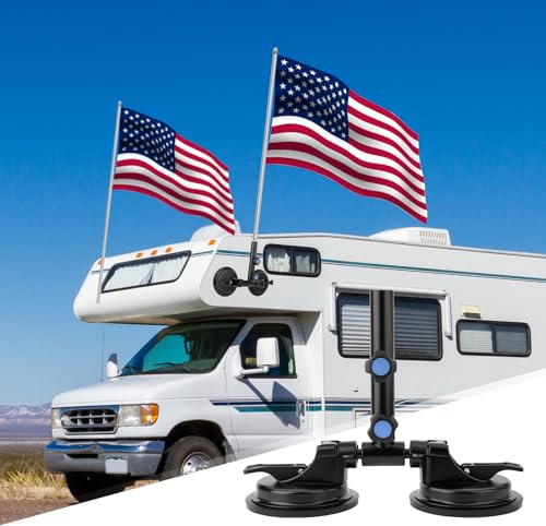 Car Flag Holder,Heavy Duty Suction Cup Flag Mount, Adjustable Flagpole Holder for RV Truck Camper SUV Boat ATV Travel Trailer,Weatherproof Car Accessories for Patriotic & Sporting Events (Double)