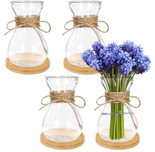 4 Pcs Glass Bulb Vases, Clear Forcing Hydroponic Planters for Hyacinths, Slim Waist Design, Bohemian Style Home Decor with Rope, Wooden Coasters