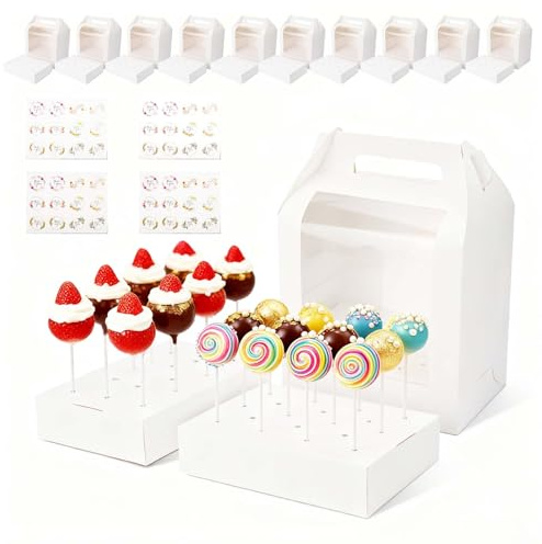 CXRYLZ-FUR Lot de 12 Blanc Boîte à Cake Pop avec 4 Autocollants, Portable 18 Trous Emballage de Boîtes à Sucettes avec Fenêtre Transparente Poignée Pour Mariages Baby Showers Fêtes d'Anniversaire