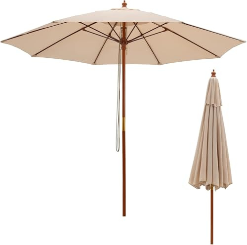 Beach Umbrella Garden Parasol Outdoor Tilt 2.83M/2.95M Pulley Operated Wood Patio With 3-Gear Position & 8 Ribs Canopy Sun Shade For Market Deck Pool Beach