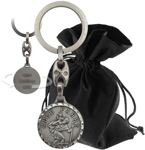 Lunexus Christophorus Schlüsselanhänger Metall - Silber, 8,5 cm | Doppelseitige Gravur „Gute Fahrt / Gott schütze dich“ - robustes Metall, langlebig - gesegnet mit Zertifikat, Samtsäckchen
