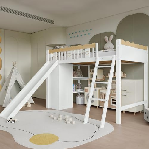 Merax Hochbett Kinderbett 90x200cm, Holzbett mit Kinderrutsche, Kleiderschrank und Offene Regale, Rausfallschutz, Platzsparendes Stockbett mit Lattenrost, Unterhaltungsbereich, Jugendbett, Weiß&Natur