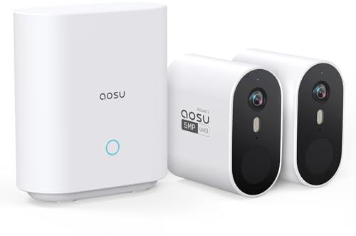 aosu 3K 5MP Überwachungskamera Aussen Akku 240 Tage 2-Kit + aosuBase 32GB | Kabellose Kamera Überwachug Aussen Batterie Person Bewegungssensor Licht- & Tonalarm 2-Wege-Audio Farb-Nachtsicht