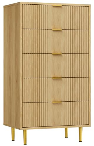 Garvee Kommode Mit 5 Schubladen, Komodenschrank, Schubladenschrank, Wäschekommode, Für Schlafzimmer Möbel Für Wohnzimmer Büro Flur,Eiche,60 x 40 x 112 cm