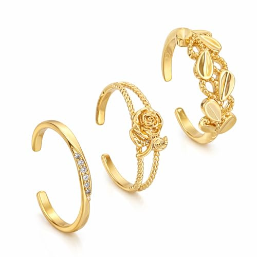 Mikovivi 3pcs Adjustable Gold Plated Toe Rings for Women Foot Jewelry